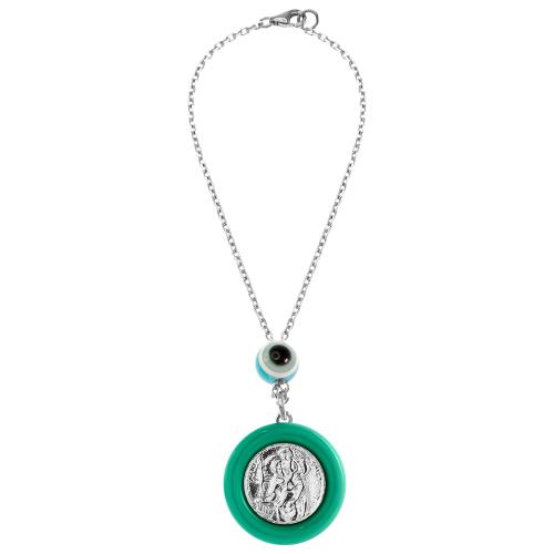 Sterling silver car charm, Saint Christopher and evil eye.
