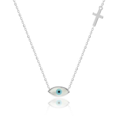 Sterling silver necklace, evil eye and cross.