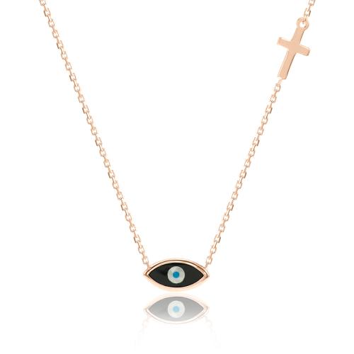 Rose gold plated sterling silver necklace, mother of pearl evil eye and cross.