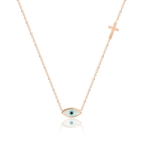 Rose gold plated sterling silver necklace, mother of pearl evil eye and cross.
