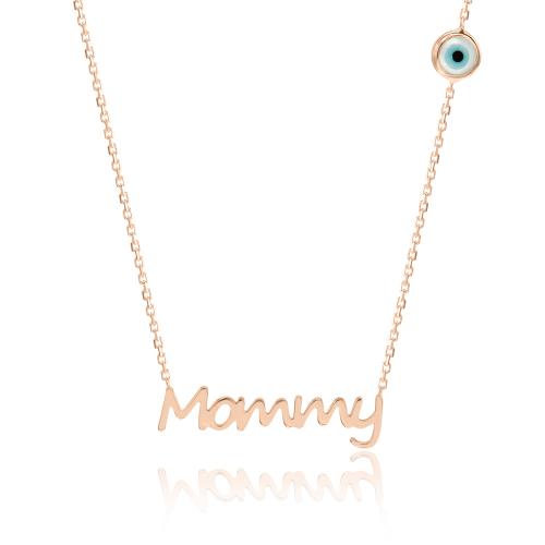 Rose gold plated sterling silver necklace, ''Mommy'' and mother of pearl evil eye.