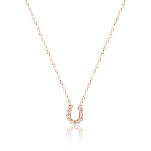 Rose gold plated sterling silver necklace, white cubic zirconia horseshoe.