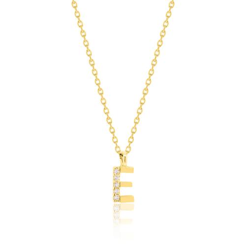 Yellow gold plated sterling silver necklace, white cubic zirconia monogram Ε.