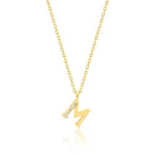 Yellow gold plated sterling silver necklace, white cubic zirconia monogram M.