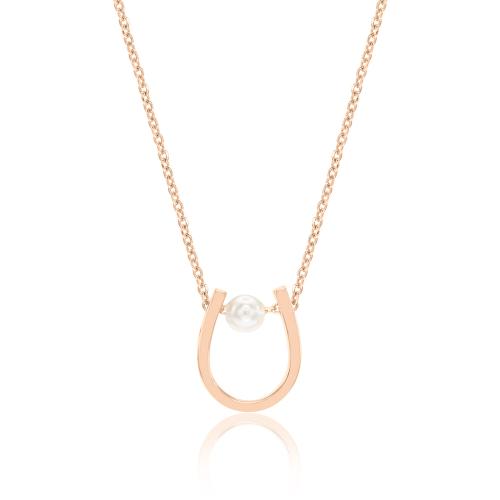 Rose gold plated sterling silver necklace, horseshoe and pearl.
