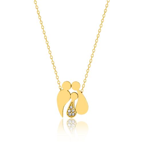 Yellow gold plated sterling silver necklace, family and white cubic zirconia.