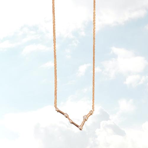 Zodiac constellation of Pisces, rose gold plated sterling silver necklace with white cubic zirconia.
