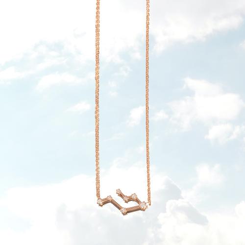 Zodiac constellation of Gemini, rose gold plated sterling silver necklace with white cubic zirconia.