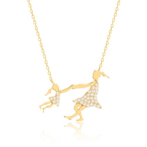 Yellow gold plated sterling silver necklace, white cubic zirconia mother and girl.