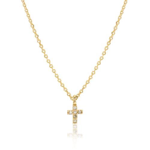 Yellow gold plated sterling silver necklace, cross and white cubic zirconia.