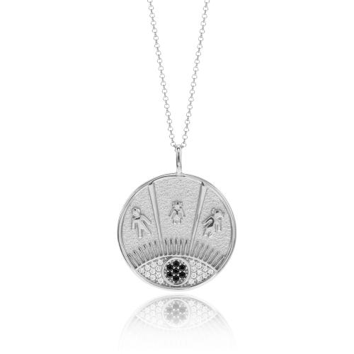 Sterling silver necklace, big coin family with girl and white cubic zirconia.