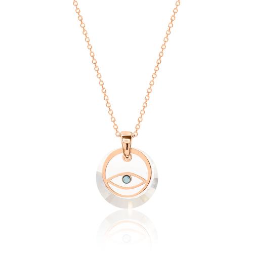 Rose gold plated sterling silver necklace, evil eye with turqoise zirconia and round crystal.
