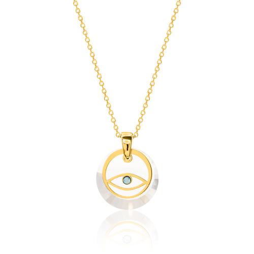 Yellow gold plated sterling silver necklace, evil eye with turqoise zirconia and round crystal.