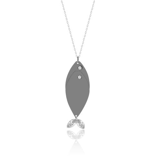 Black rhodium plated sterling silver necklace, fish with white zirconia.