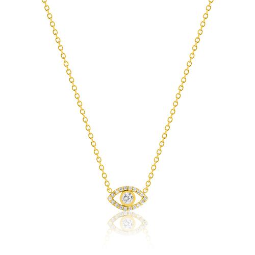 Yellow gold plated sterling silver necklace, white cubic zirconia evil eye.