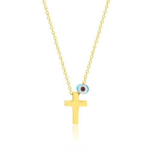 Yellow gold plated sterling silver necklace, cross and evil eye.