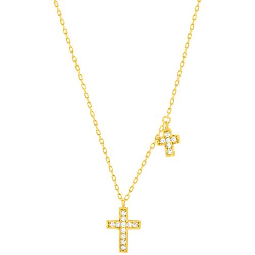 Yellow gold plated sterling silver necklace, crosses and white cubic zirconia.