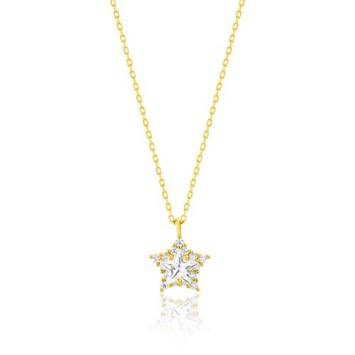 Yellow gold plated sterling silver necklace, white cubic zirconia star with solitaire.