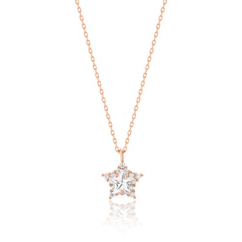 Rose gold plated sterling silver necklace, white cubic zirconia star with solitaire.