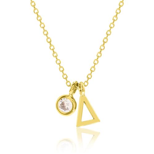 Yellow gold plated sterling silver necklace, monogram Δ and white solitaire.