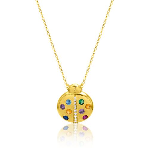 Yellow gold plated sterling silver necklace, multicolor cubic zirconia ladybug.