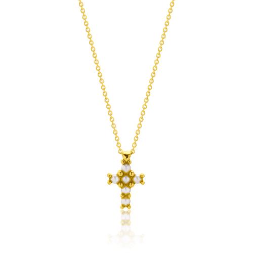 24Κ Yellow gold plated sterling silver necklace, cross with pearls.