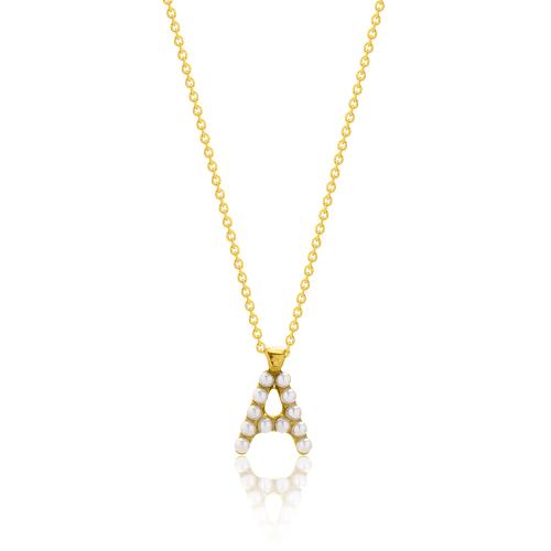 24Κ Yellow gold plated sterling silver necklace, monogram Α with pearls.