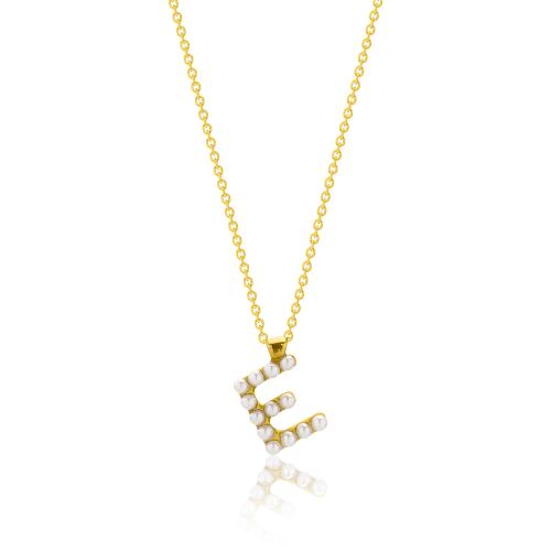 24Κ Yellow gold plated sterling silver necklace, monogram Ε with pearls.