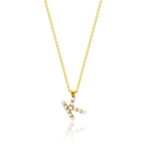 24Κ Yellow gold plated sterling silver necklace, monogram Κ with pearls.