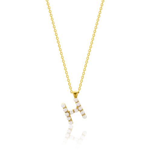 24Κ Yellow gold plated sterling silver necklace, monogram Η with pearls.