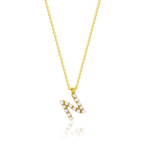 24Κ Yellow gold plated sterling silver necklace, monogram Ν with pearls.