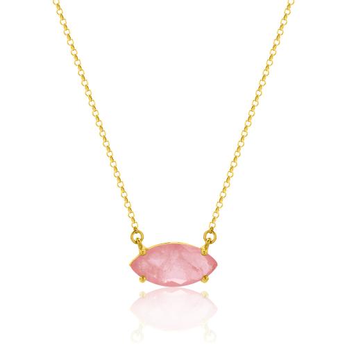 Yellow gold plated sterling silver necklace, pink semi precious stone teardrop.