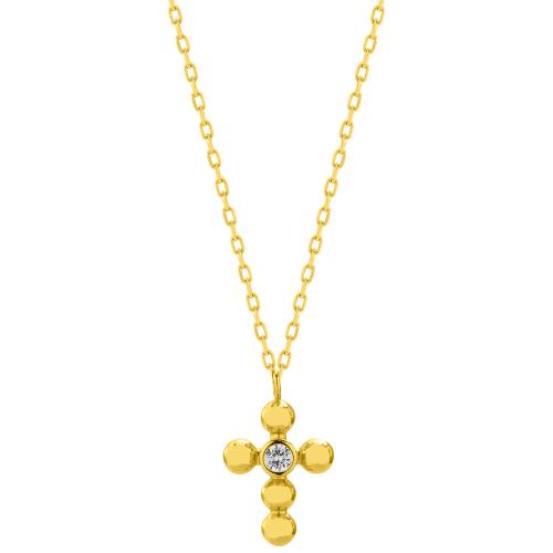 Yellow gold plated sterling silver necklace, white cubic zirconia cross.