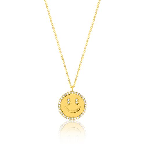 24Κ Yellow gold plated sterling silver necklace, white cubic smiley face.