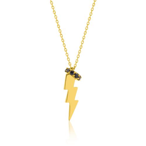 24Κ Yellow gold plated sterling silver necklace, thunder and black cubic zirconia disk.