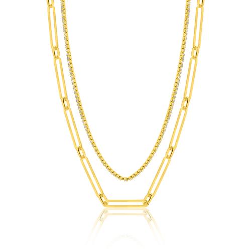 24Κ Yellow gold plated sterling silver double necklace, white cubic zirconia and rectangle chain.