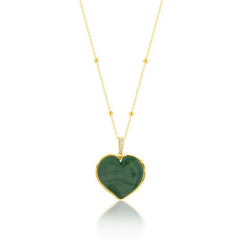 Κολιέ ασήμι 925, κίτρινο επιχρύσωμα 24Κ, πράσινη καρδιά από γυαλί μουράνο.