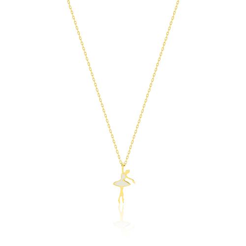 24K Yellow gold plated sterling silver necklace, white enamel ballerina.