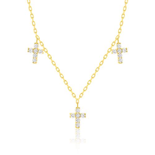 24Κ Yellow gold plated sterling silver necklace, white cubic zirconia crosses.