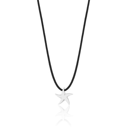 Black cord necklace, sterling silver starfish.