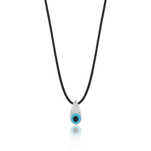 Black cord necklace, sterling silver white cubic zirconia evil eye.