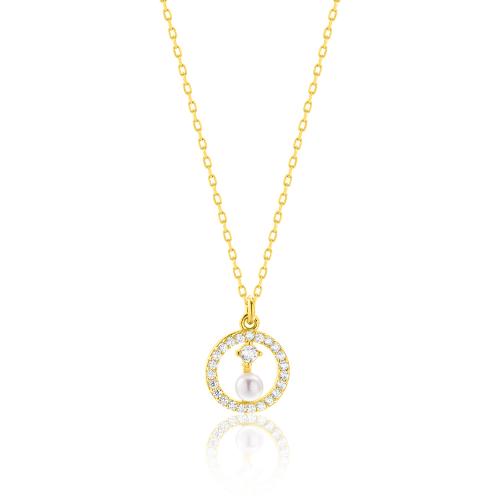 24Κ Yellow gold plated sterling silver necklace, pearl and white cubic zirconia.
