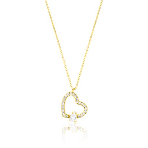 24Κ Yellow gold plated sterling silver necklace, white cubic zirconia heart and solitaire.