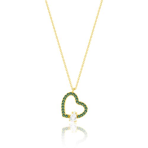 24Κ Yellow gold plated sterling silver necklace, green cubic zirconia heart and solitaire.