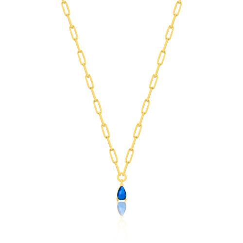 24Κ Yellow gold plated sterling silver necklace, blue solitaire and rectangle chain.