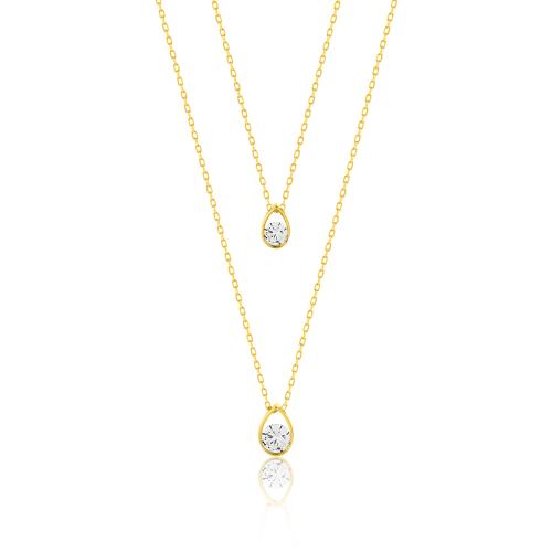 24Κ Yellow gold plated sterling silver double necklace, white solitaire teardrops.