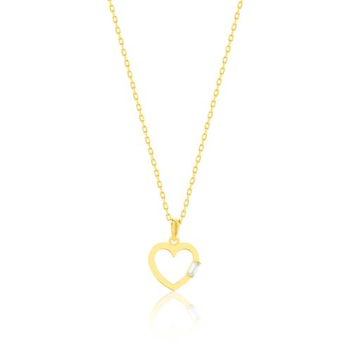 24Κ Yellow gold plated sterling silver necklace, heart with white crystal.