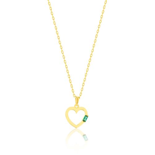 24Κ Yellow gold plated sterling silver necklace, heart with green crystal.