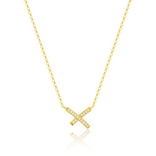 24Κ Yellow gold plated sterling silver necklace, white cubic zirconia Χ shape.