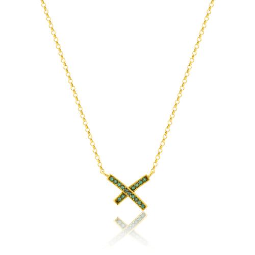 24Κ Yellow gold plated sterling silver necklace, green cubic zirconia x shape.